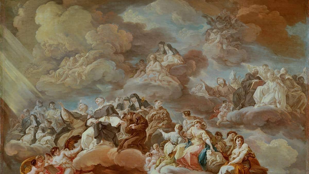 El Paraíso, un lugar donde el cuerpo resucitado alcanzará su plenitud gloriosa, cuyos cánones no tienen por qué coincidir con los que triunfan aquí abajo. 'El Paraíso' (detalle, 1757), de Corrado Giaquinto. Museo del Prado.