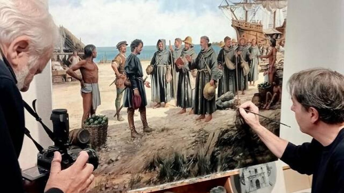 Augusto Ferrer Dalmau pinta la llegada de los 12 franciscanos de 1524 a México, y López-Linares le filma