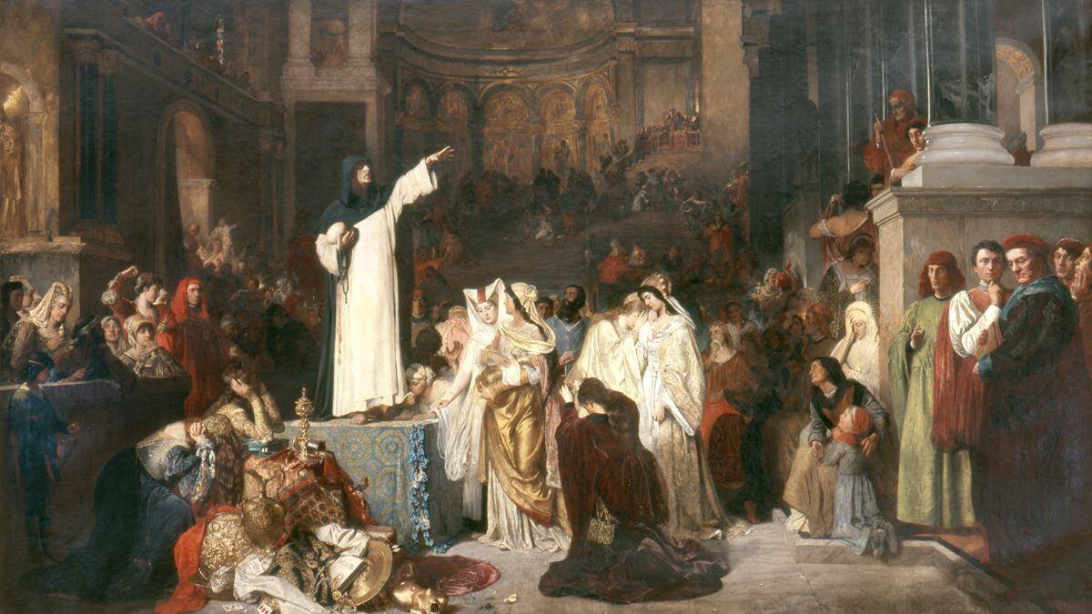 El dominico Giacomo Savonarola (1452-1498) predica contra la vida regalada y dispendiosa en la Florencia de su tiempo, lo que incluía a parte del clero. Cuadro de 1879 de Ludwig von Langenmantel. Wikipedia.