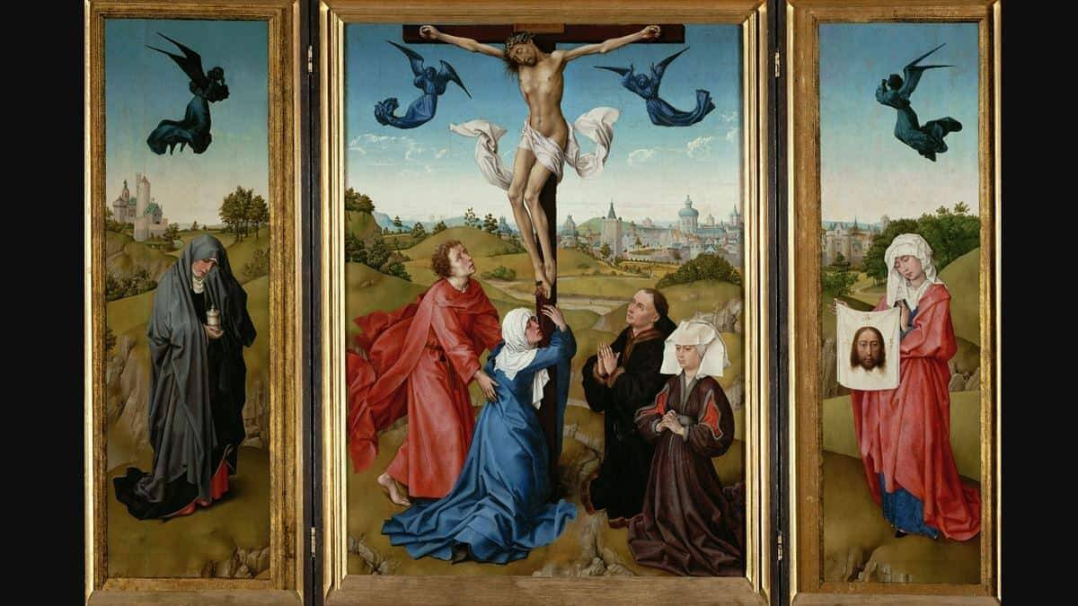 María Corredentora, a los pies de la Cruz, en el tríptico de la Crucifixión (c. 1445) de Rogier van der Weyden, que se conserva en el Museo de Historia del Arte de Viena.
