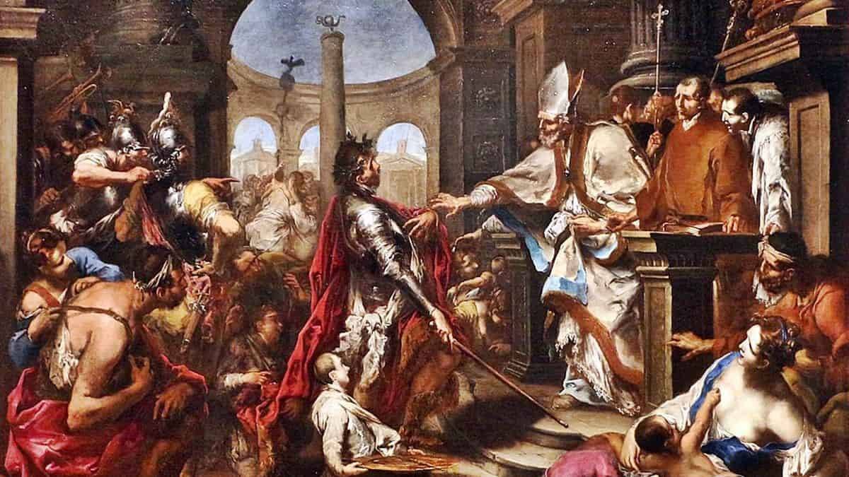 San Ambrosio expulsa de la iglesia al emperador Teodosio, instándole a penitencia: un cuadro de Alessandro Magnasco (1667-1749) que se conserva en el Art Institut de Chicago.