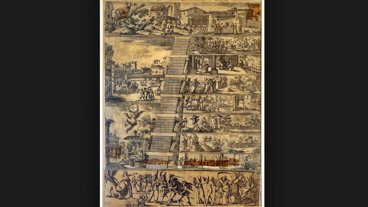 La 'Alegoría de la Cuaresma' (c. 1650), aguafuerte de Valerio Spada que se conserva en el Museo San Pietro de Colle di Val d'Elsa (Siena, Italia), muestra el recorrido cuaresmal con los domingos que preceden a Pascua. Imagen: Sailko / Wikipedia.