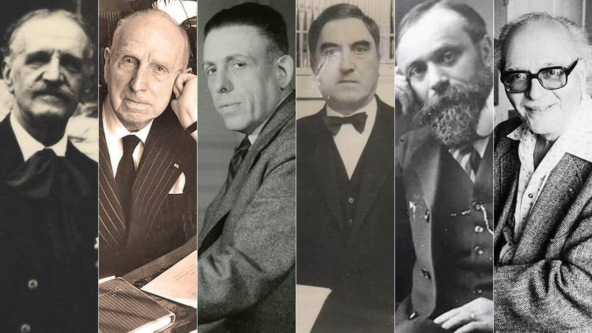 De izquierda a derecha: Louis Vierne, Paul Paray, Francis Poulenc, Maurice Duruflé, Charles Tournemire y Olivier Messiaen.
