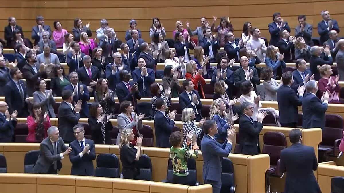 Los diputados del Congreso, reunidos en el Senado por obras en la cámara baja, aplauden la aprobación de la reforma, con Pedro Sánchez en primer término.