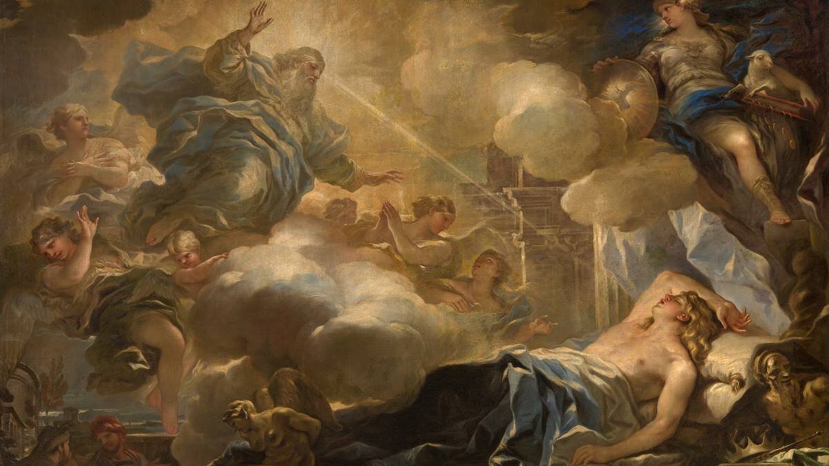 Dios inspira la sabiduría en Salomón, modelo de gobernante prudente, mientras duerme: 'El sueño de Salomón' (detalle, 1696) de Luca Giordano. Museo del Prado.