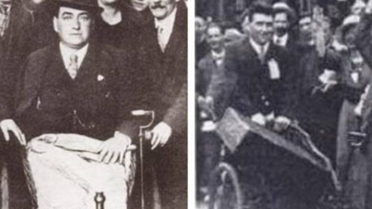 John Traynor saliendo de Lourdes, y a su llegada a Liverpool empujando la silla de ruedas.