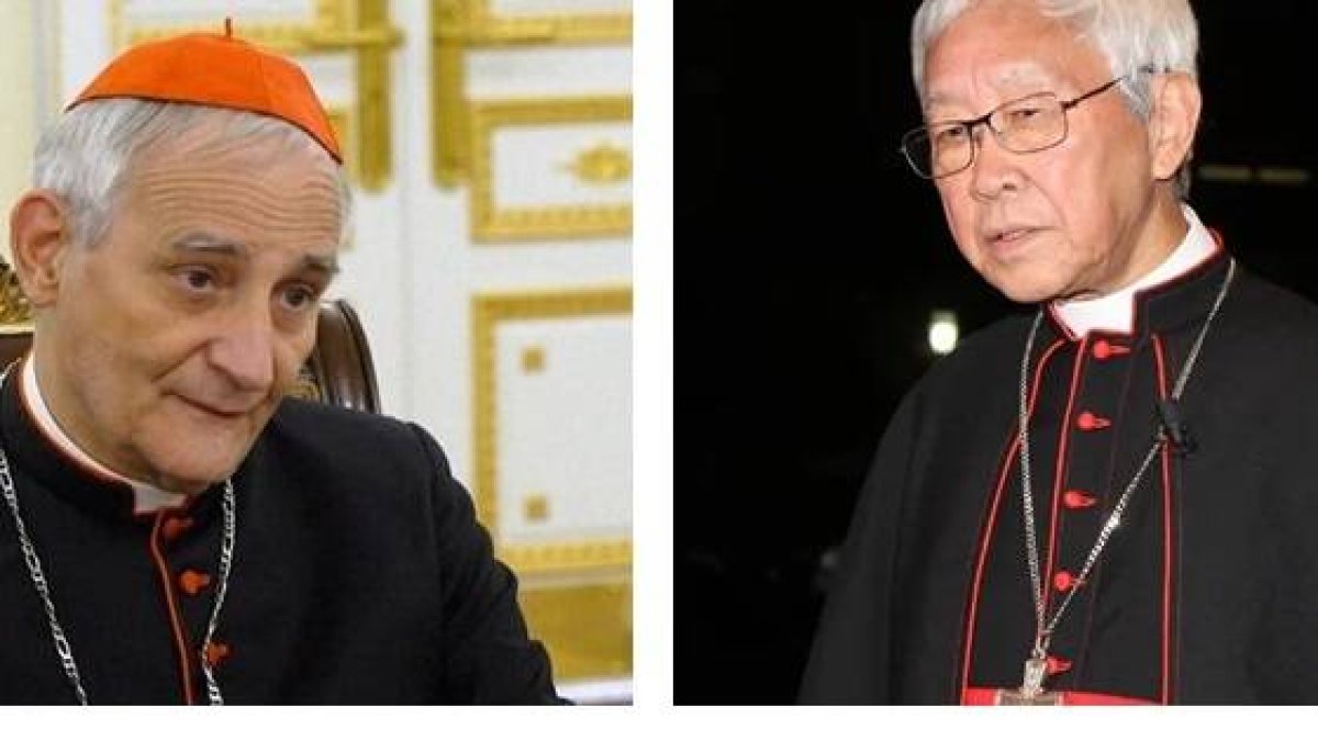 El cardenal Zuppi, presidente de los obispos italianos, y el veterano cardenal Zen, arzobispo emérito de Hong Kong