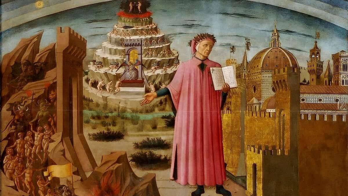 Alegoría de Dante y la Divina Comedia, tela de Domenico di Michelino (detalle, 1465) para la catedral de Florencia. La concepción de la política del poeta florentino se expresa sobre todo en su tratado sobre la monarquía.