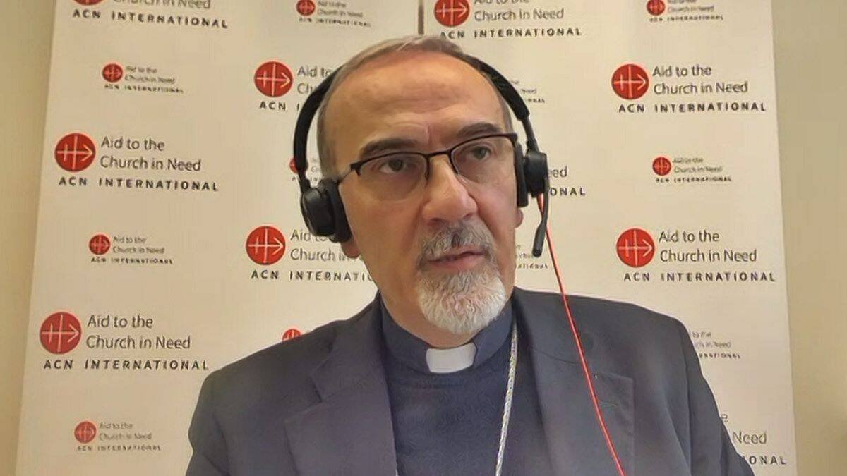 El cardenal Pierbattista Pizzaballa, durante la rueda de prensa internacional convocada por Ayuda a la Iglesia Necesitada.