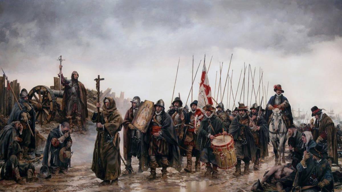 Soldados de los Tercios españoles portan la imagen de la Inmaculada hallada en Empel / Imagen tomada del magnífico cuadro de Augusto Ferrer-Dalmau