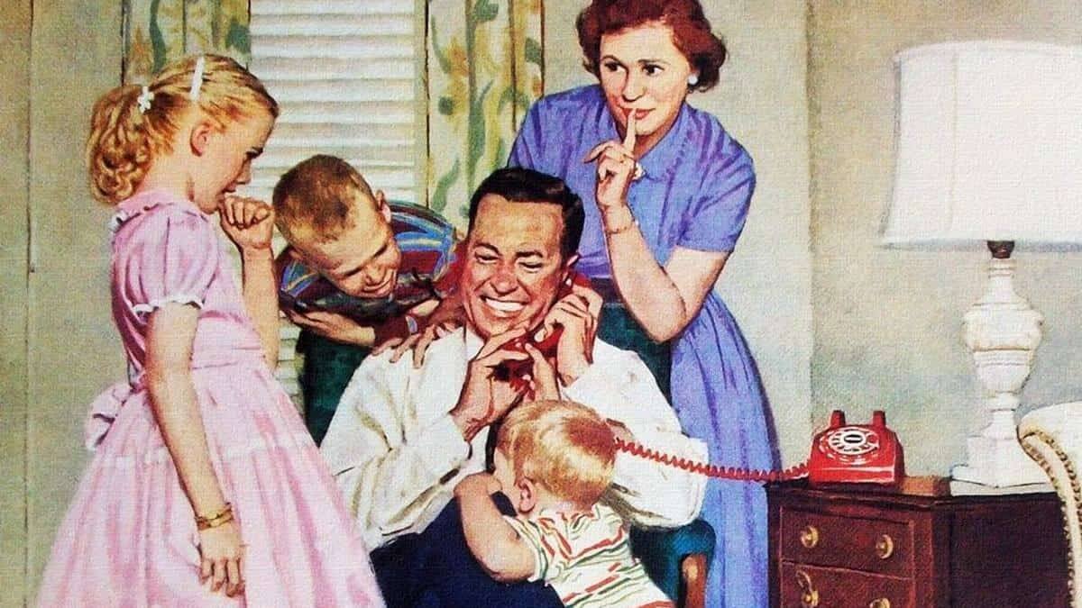 Si de verdad se quisiera combatir la violencia sexual, se fomentarían los vínculos fuertes y las virtudes domésticas. En la imagen, una escena familiar de 1959 en un anuncio del ilustrador Roger Wilkerson para la Bell Telephone Company.