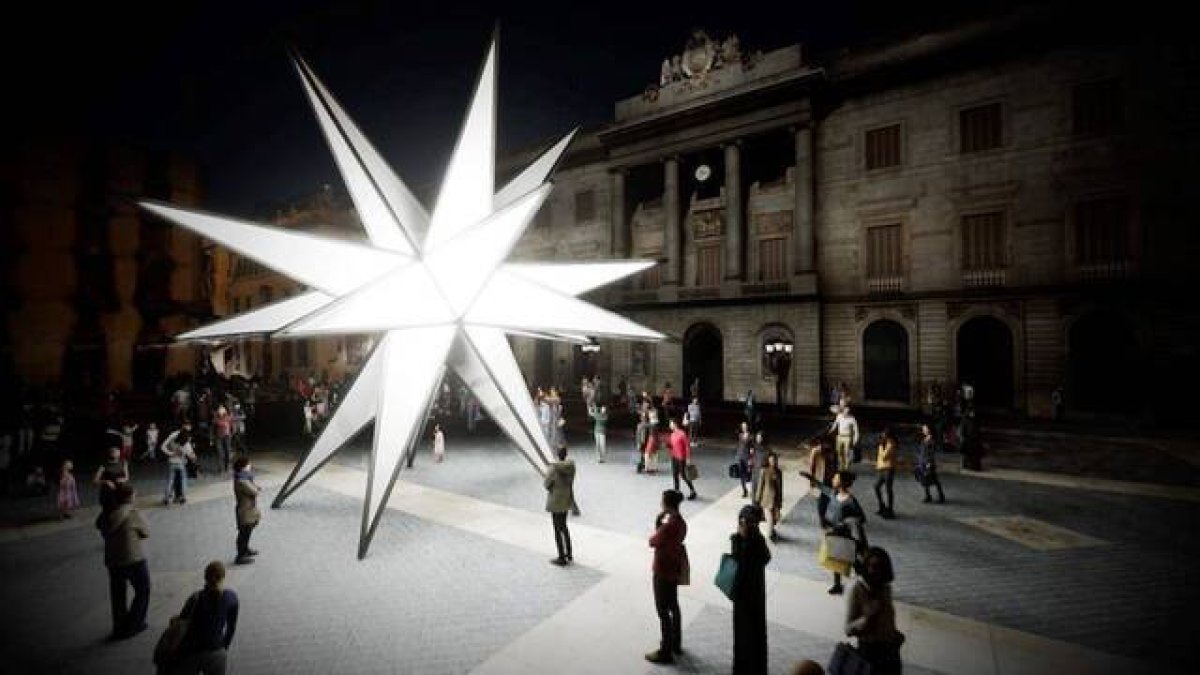 Al nacimiento le sustituye una estrella de luz de 20 puntas, cada una de cuatro metros de largo, que se llama Origen y ha sido pactada por las dos instituciones que se asoman a la plaza.