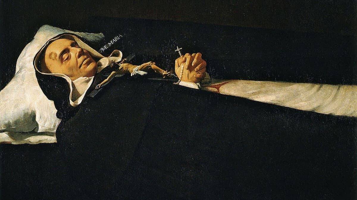 San Simón de Rojas en un retrato de 1624, año de su muerte, obra de Diego de Silva y Velázquez. Lleva bordado su lema y gran apostolado: el Ave María.