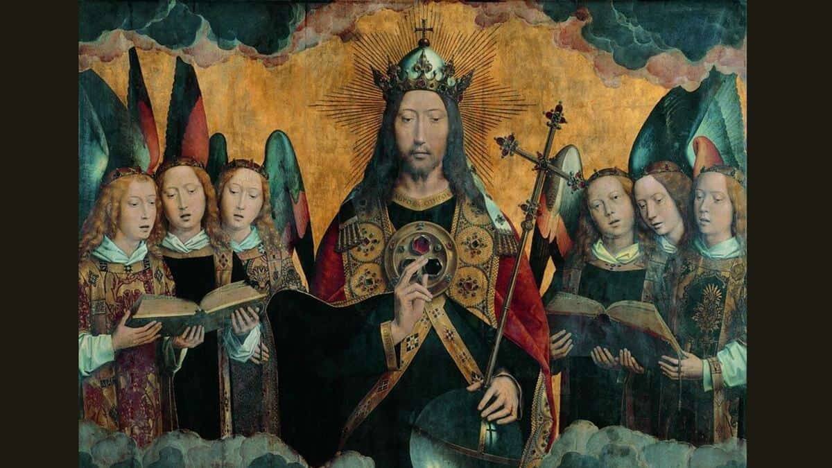 La realeza de Cristo se fundamenta en su condición de Hijo de Dios encarnado y sus títulos de Creador y Redentor. Hans Memling (c. 1440-1494), 'Cristo rodeado de ángeles músicos'.