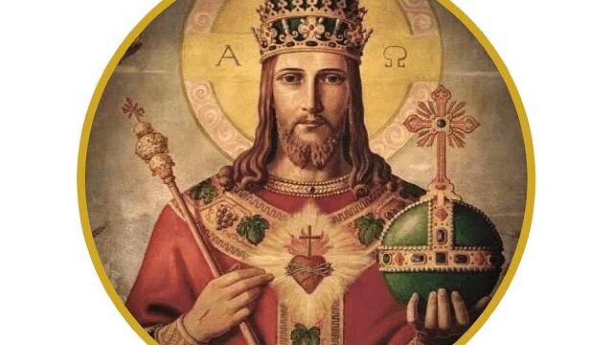 Cristo Rey y sacerdote, corona real, tiara pontificia, cetro y orbe, y la simbología del Sagrado Corazón