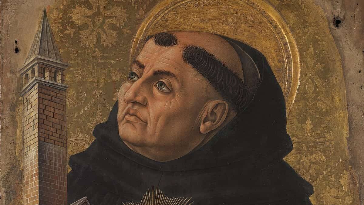 Santo Tomás de Aquino, en un detalle de la tabla que pintó Carlo Crivelli en 1476 para el altar de la iglesia de Santo Domingo en Ascoli Piceno (Marcas, Italia). Hoy se conserva en la National Gallery de Londres.
