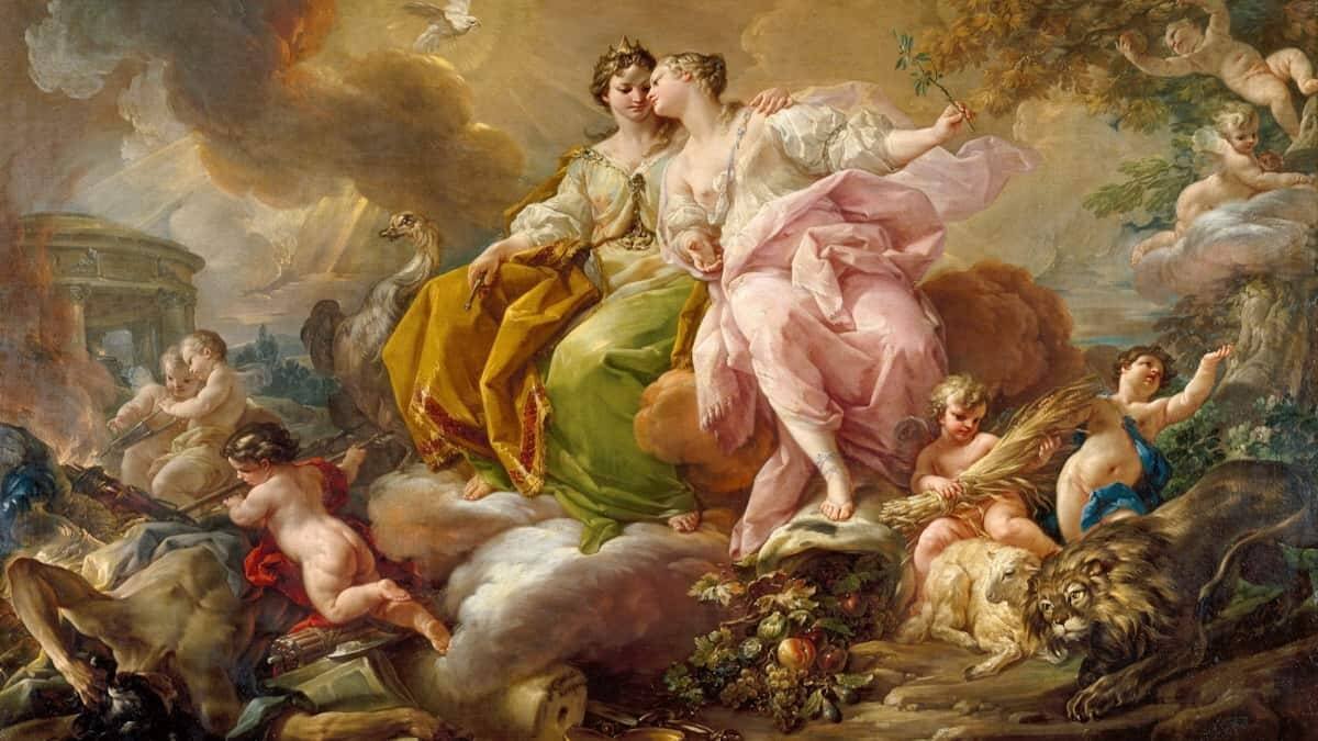 'Alegoría de la Justicia y la Paz' de Corrado Giaquinto (1745, Museo del Prado): la Justicia y la Paz, dos conceptos inherentemente ligados a la idea de un orden natural cuya negación relativista produce sus contrarios, la injusticia y la violencia.