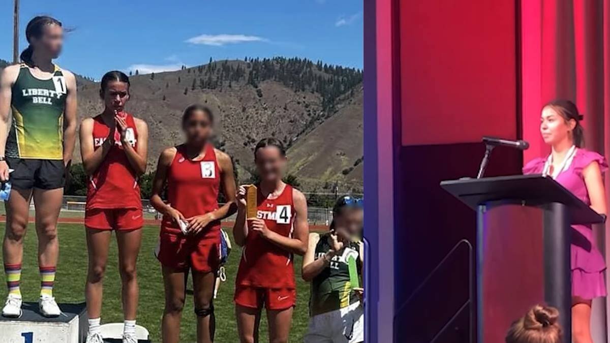 Annaleigh, segunda en el podio en la foto de la izquierda, y durante su discurso, meses después, en la foto de la derecha.