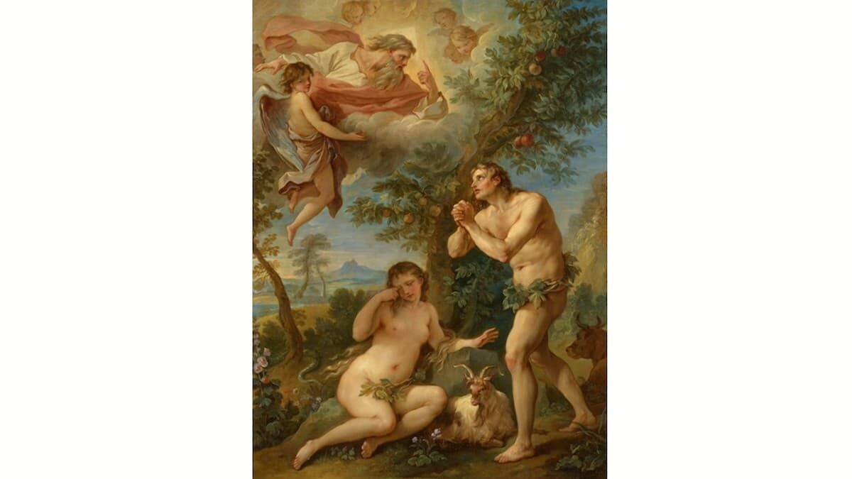 «La reprensión de Adán y Eva» por Dios tras el pecado original, en un cuadro de Charles Joseph Natoire (1740) que se conserva en el Metropolitan Museum de Nueva York.