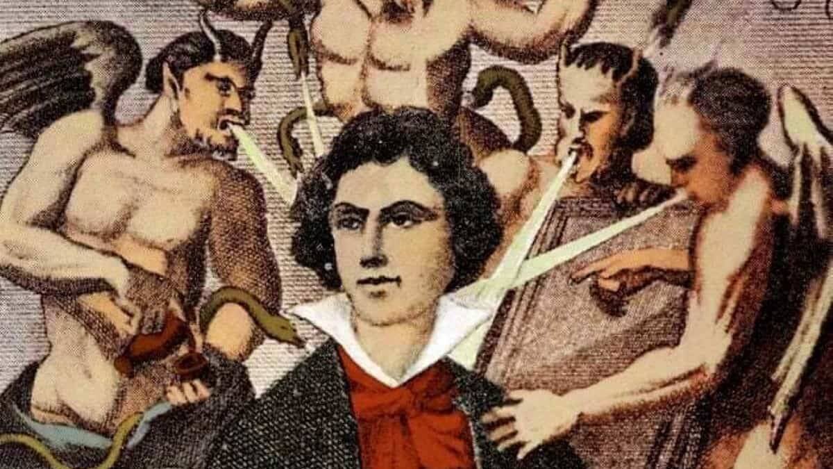 Retrato imaginario del Marqués de Sade (1740-1814), dibujado en torno a 1860. Los demonios 'iluminan' al célebre libertino, quien dejó escrito hasta qué punto es importante atacar los símbolos para destruir lo simbolizado.