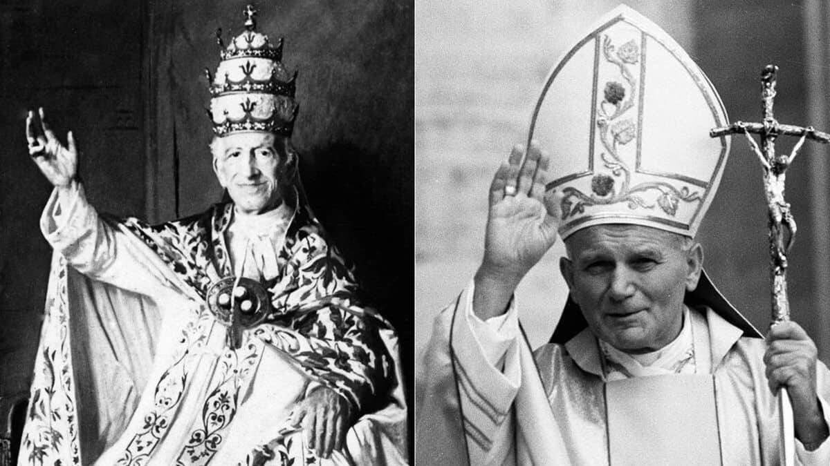 León XIII y San Juan Pablo II, separados por un siglo. Tiempos distintos, Papas distintos y mensajes básicamente coincidentes: 'Rerum novarum' (1891) y 'Centesimus annus' (1991).