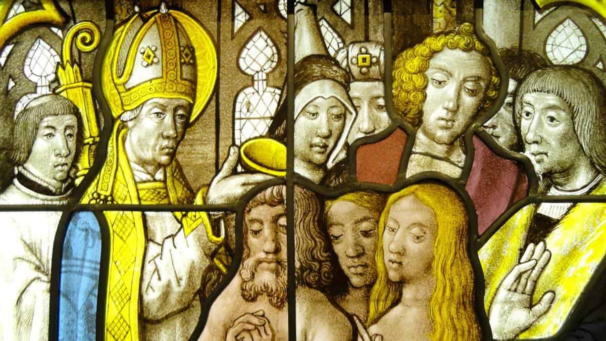 San Eleuterio de Tournai bautizando conversos, vidriera de Arnoldo de Nimega, c. 1515.