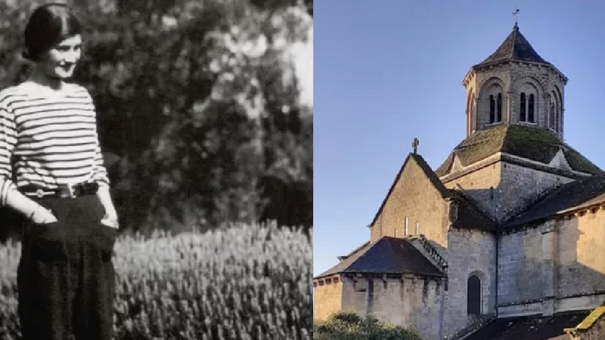Coco Chanel con su perro en 1928 y la abadía de Aubazine.