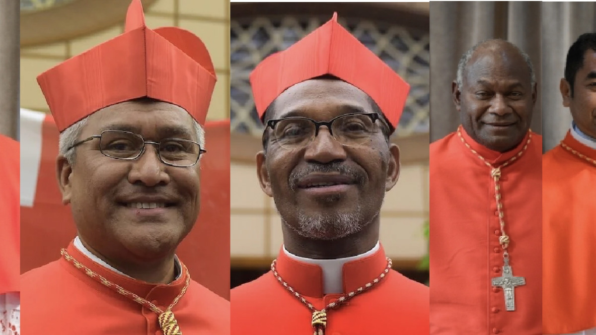 De izquierda a derecha, los cardenales de Madagascar, Tonga, Cabo Verde, Papúa Nueva Guinea y Timor.