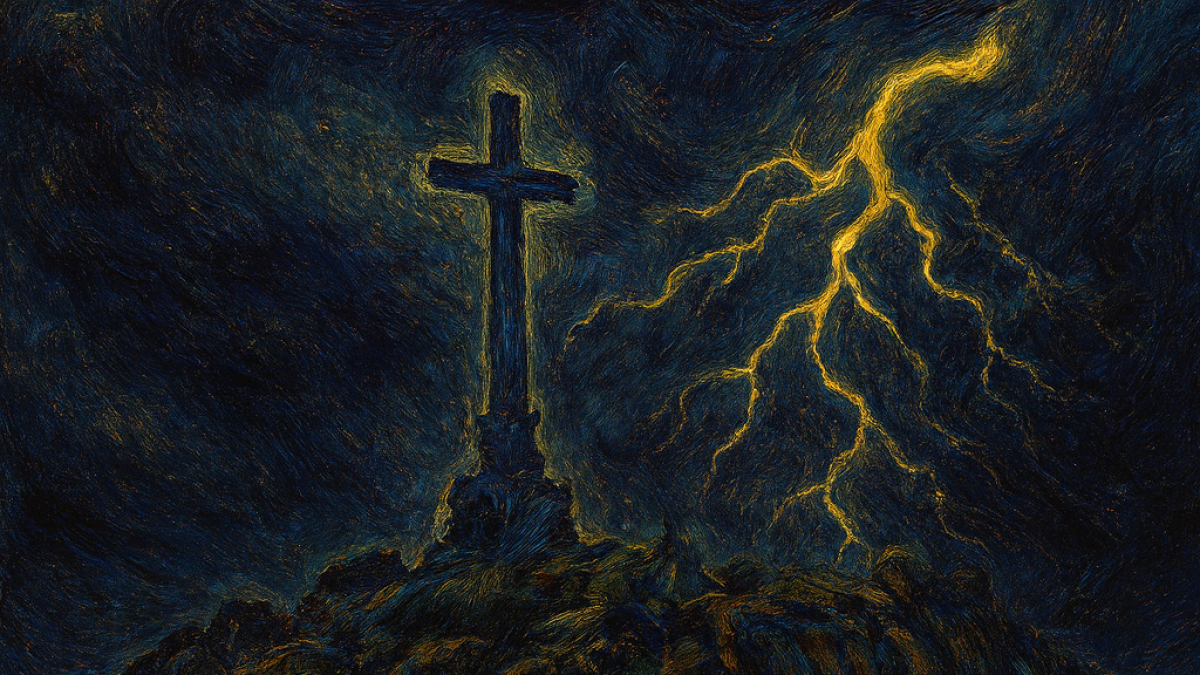 Interpretación artística generada con IAG mediante un modelo de creación de imágenes, que reimagina el monumento bajo una noche turbulenta, con pinceladas inspiradas en Van Gogh y relámpagos que atraviesan el cielo.