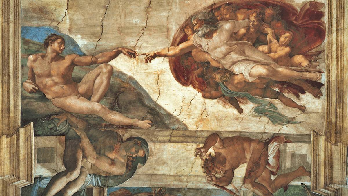 La creación de Adán en la Capilla Sixtina de Miguel Ángel (1508-1512), una obra maestra del arte religioso del Renacimiento.