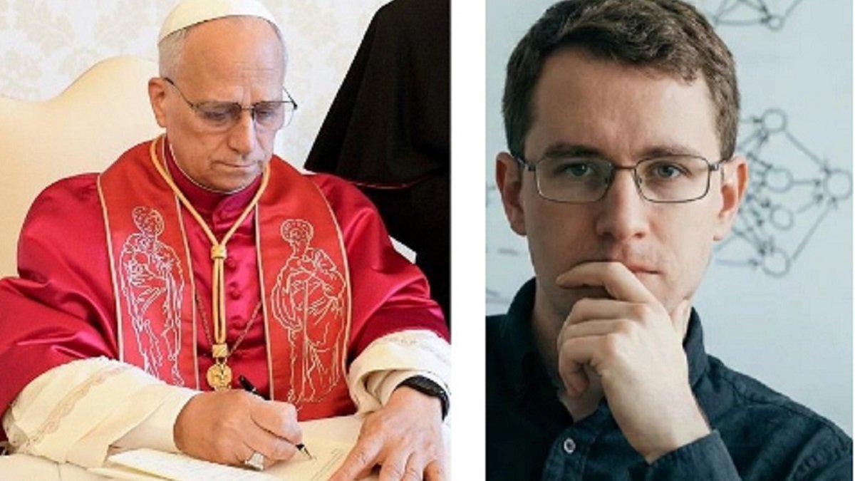 Collage, con el Papa León XIV firmando Dilexi Te y el informático y co-fundador de Anthropic Chis Olah