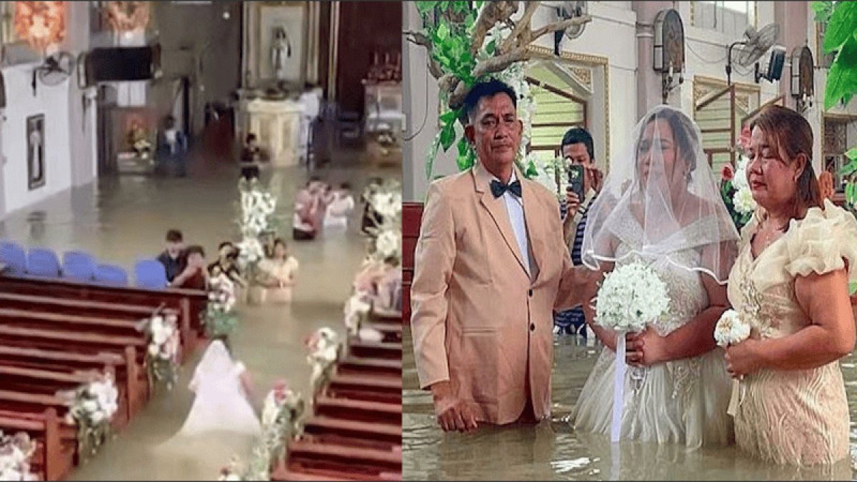 El párroco los declaró marido y mujer en una ceremonia breve, con los pies literalmente en el agua.