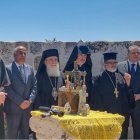 El Patriarca latino Pizzaballa, el Patriarca griego Teófilo, representantes armenios y siríacos, en Taybeh, el 14 de julio, tras los primeros ataques