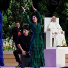 León XIV contempla el espectáculo que desplegó Sara Baras y su compañía en el Madrid Arena