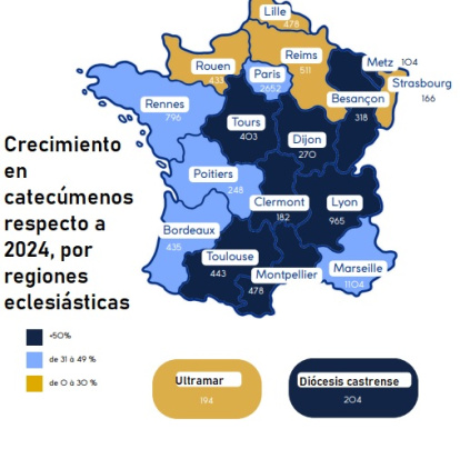 Regiones de Francia donde más crece el número de bautismos adultos en 2025 respecto a 2024