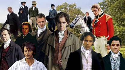 Un collage con personajes masculinos de Jane Austen en teleseries o películas