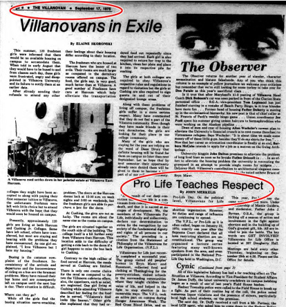 La revista universitaria de Villanova reconoció el 17 de septiembre de 1975 la labor de la asociación provida co-fundada por Prevost.