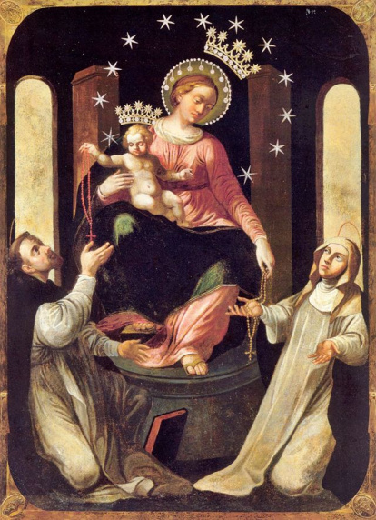 El cuadro de Nuestra Señora del Rosario, que representa a la Santísima Virgen entregando un rosario a Santo Domingo Guzmán y a Santa Catalina de Siena.