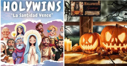 Un cartel contrasta la oferta de Holywins con la de Halloween