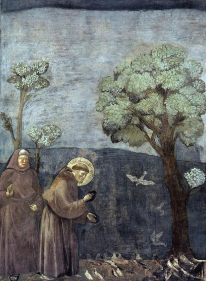 San Francisco predica a las aves, en un fresco atribuido a Giotto (c. 1297). El episodio figura en la primera biografía del santo, obra de su discípulo Tomás de Celano.