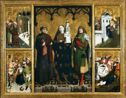 Santa Bárbara, su torre de tres ventanas y escenas de su martirio, con su padre rico y cruel... Altar gótico pintado en 1447 por Wihelm Kalteysen para la Iglesia Sata Bárbara de Breslavia, Polonia