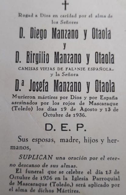 Esquela impresa por la familia al finalizar la Guerra Civil.