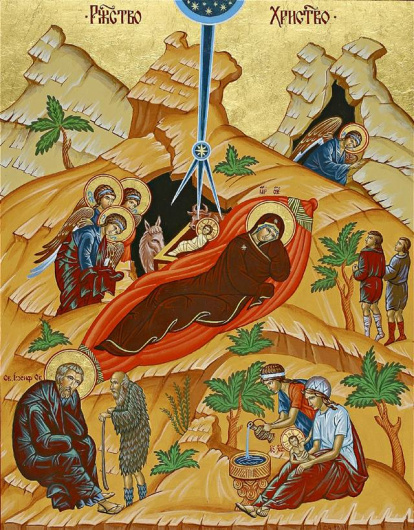 En la parte inferior izquierda de este icono de la Natividad se aprecia a San José siendo tentado por el demonio, disfrazado de pastor.