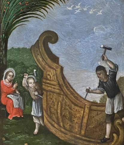 El Niño Jesús imita a San José en su taller, en el retablo citado por el obispo Varden.