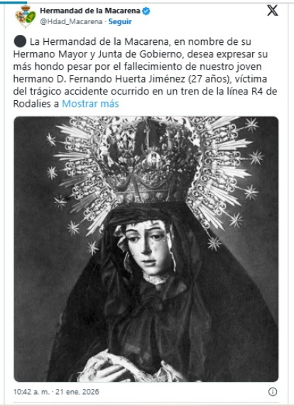 La Hermandad de la Macarena de Sevilla ora por el joven maquinista fallecido en el accidente de Gelida, uno de sus miembros