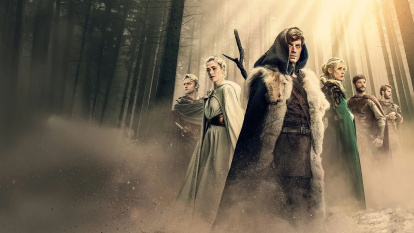 Cartel publicitario de la miniserie El Ciclo de Pendragón, con Merlín, parientes, compañeros y enemigos