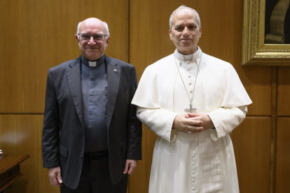 El Papa León XIV junto al P. Ángel Camino, agustino y vicario episcopal de Madrid, durante su encuentro privado en el Vaticano.