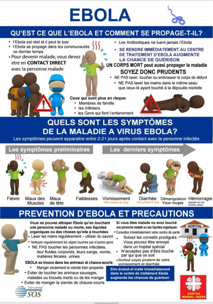 Cartel de prevención del ébola que difunden la Cáritas de Mahagi-Nioka en 2026