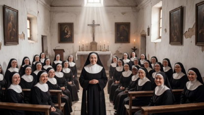 Monjas clonadas, casi todas iguales, con IA en el videotrailer 10 Luces, quizá  representando a Soledad Torres Acosta y las Siervas de Maria 