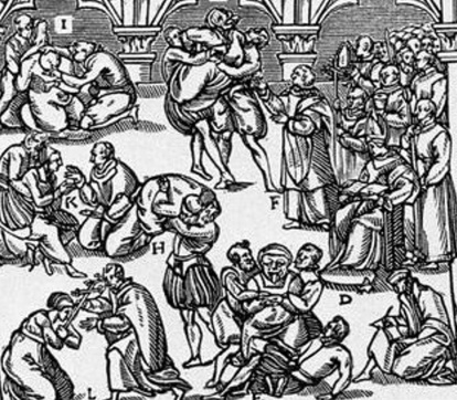 Recorte del grabado anterior, que muestra escenas de los exorcismos sobre la joven posesa. Junto a la letra D vemos la escena de la lengua que el propio Boulaese relata.